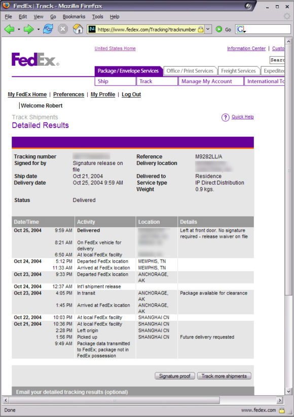 Screenshot of FedEx