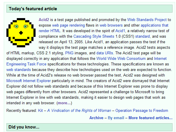Acid2 featured on wikipedia